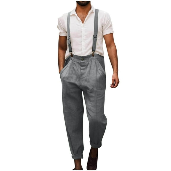 Mens Bib Overalls Casual Linen Pants Workwear Fashion Casual Jumpsuit Adjujstable Strap Romper Coverall Loose Long Bib Overalls Gray M
