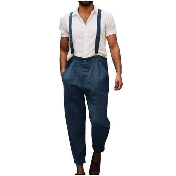 Mens Bib Overalls Casual Linen Pants Workwear Fashion Casual Jumpsuit Adjujstable Strap Romper Coverall Loose Long Bib Overalls Navy XXL
