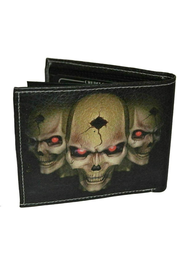 Mens Bifold Exotic Wallet Picture 3 Skulls with printed gift box