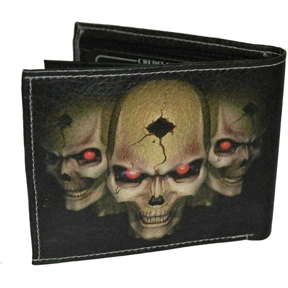 Mens Bifold Exotic Wallet Picture 3 Skulls with printed gift box