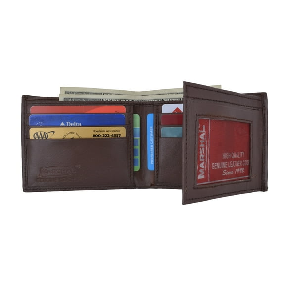 Mens Bifold Flap Out ID Windows Genuine Leather Wallet 1192