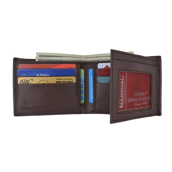 Mens Bifold Flap Out ID Windows Genuine Leather Wallet 1192