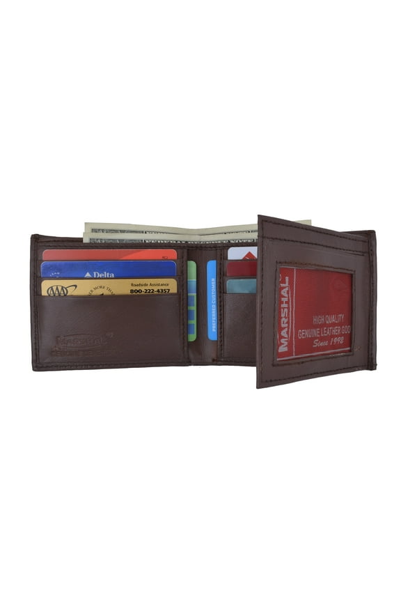 Mens Bifold Flap Out ID Windows Genuine Leather Wallet 1192