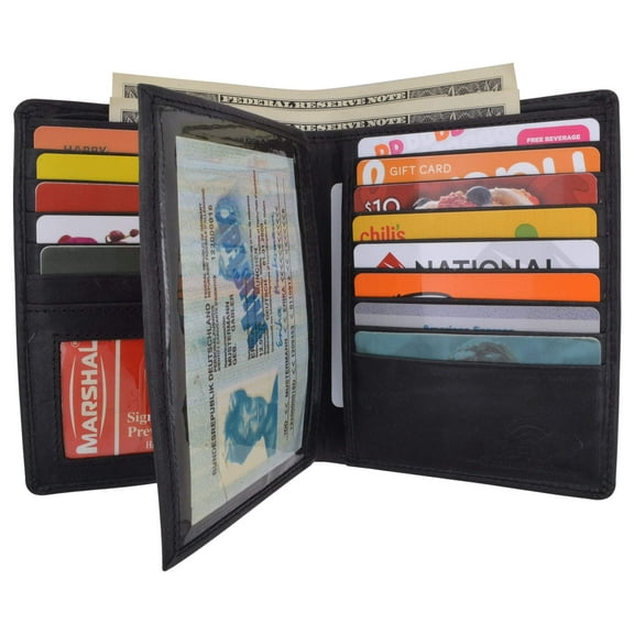 Mens Bifold Hipster Genuine Hunter Leather RFID Blocking Euro Credit Card ID Bill Wallet