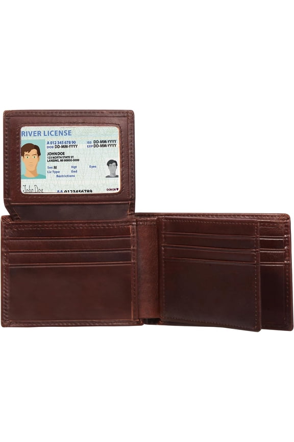 Mens Bifold Leather Large Wallet with 2-3 ID/photo windows and 14 Card Slots, Large Capacity RFID Blocking Wallet for Men(Dark brown )