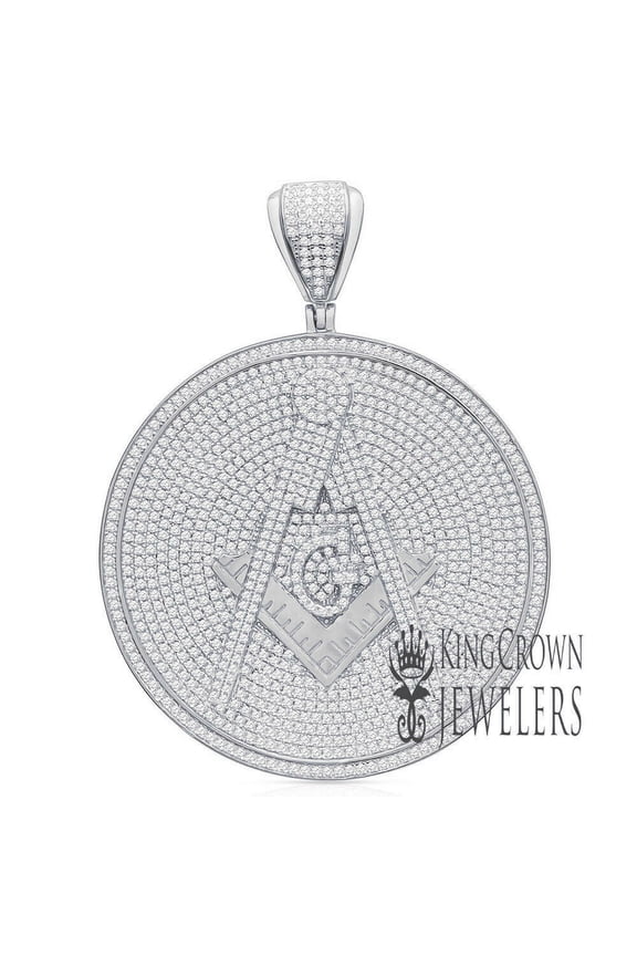 Mens Big 2.75'' Real White Gold Over Sterling Silver Freemason Masonic G Compass Medallion Lab Diamonds Pendant Charm