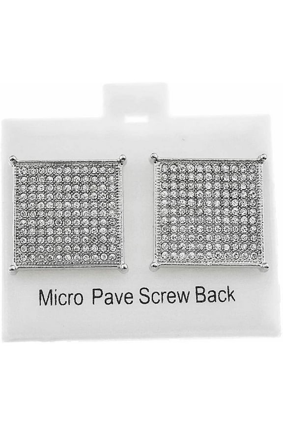 Mens Big 20mm Square Hip Hop Earrings Iced Silver Finish Screw Back Micro Pave Bling Out 11 Row