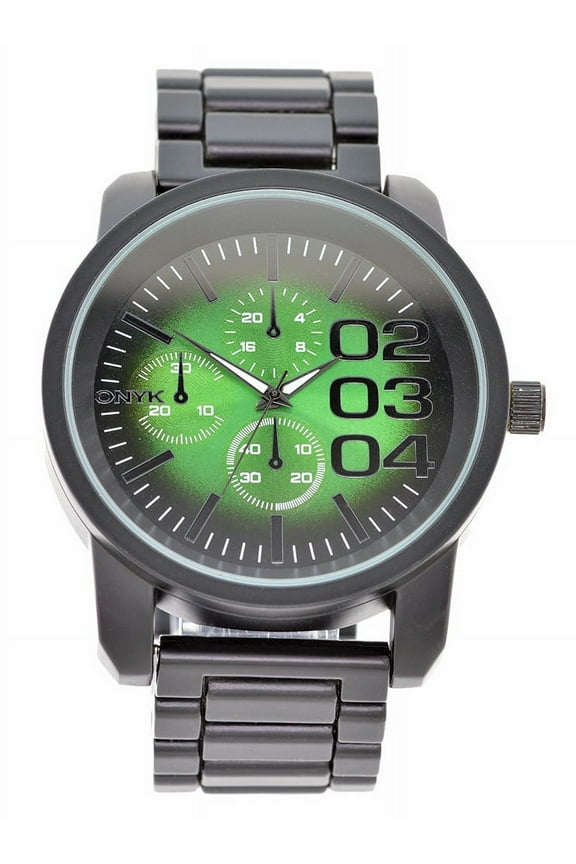 Mens Big Black clubbing watch 50mm 13mm case. Green dial 3 nonfunctional sub-dial, 26mm wide black metal bracelate fits to 9.25 inches wrist.
