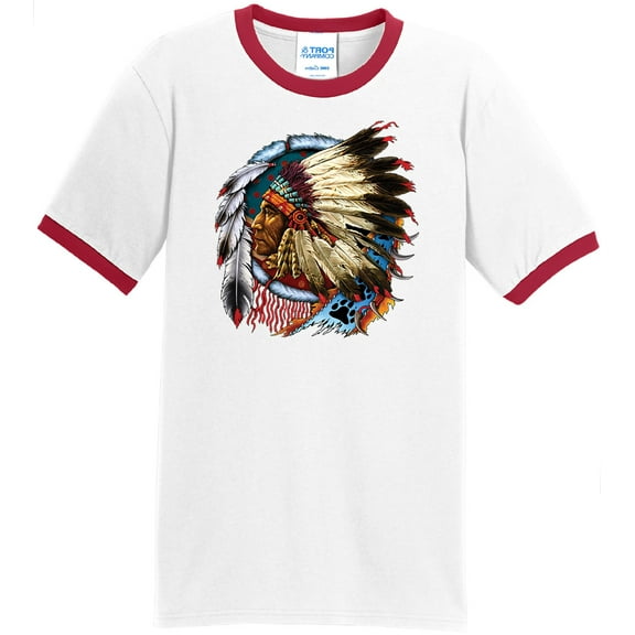 Mens Big Chief Dreamcatcher Biker 100% Cotton Ringer Tee Shirt, 2XL White/Red