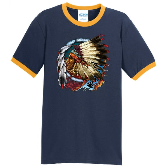 Mens Big Chief Dreamcatcher Biker 100% Cotton Ringer Tee Shirt, Large Navy/Gold