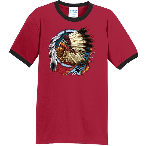 Mens Big Chief Dreamcatcher Biker 100% Cotton Ringer Tee Shirt, Medium Red/Black