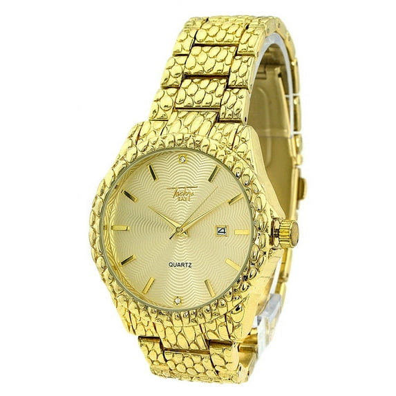 Mens Big Gold-tone nugget style Calendar Watch 43mm 20mm thick case. Gold dial, 20mm wide metal link bracelet fits 8 inches wrist.