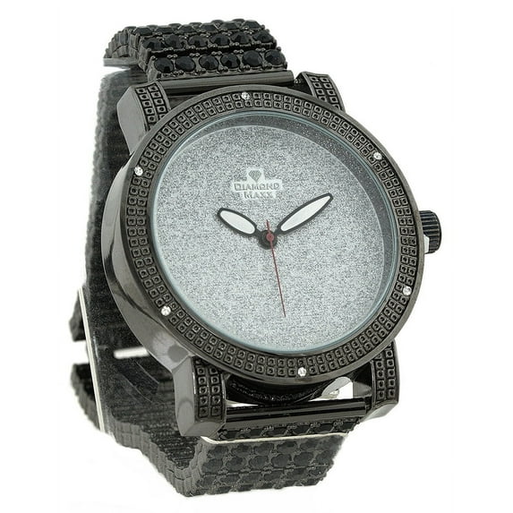 Mens Big Heavy Black CZ Clubbing watch 50mm 13mm thick case. Silver bing dial, 23mm wide black link bracelet with black CZ fits 8.5 inches wrist.