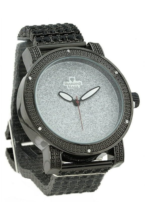 Mens Big Heavy Black CZ Clubbing watch 50mm 13mm thick case. Silver bing dial, 23mm wide black link bracelet with black CZ fits 8.5 inches wrist.