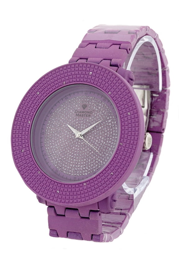 Mens Big Heavy Purple Clubbing watch Natural diamond Bezel and CZ Bezel 56mm 14mm case. 22mm wide Purple metal link bracelet fits 9 inches wrist.