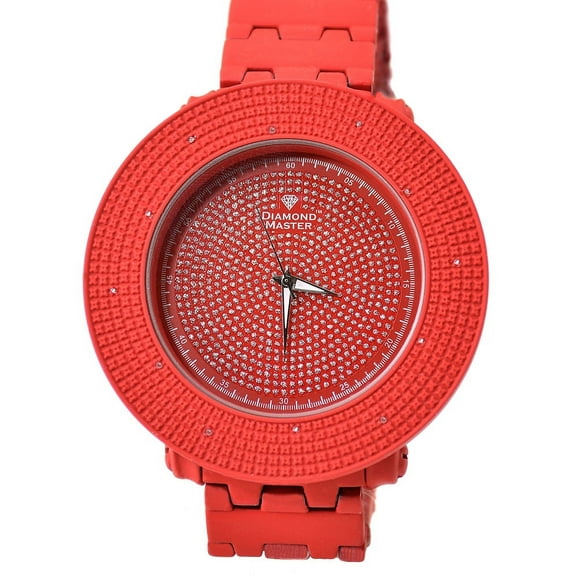 Mens Big Heavy Red Clubbing watch Natural diamond Bezel and CZ Bezel 56mm 14mm case. 22mm wide Red metal link bracelet fits 9 inches wrist.