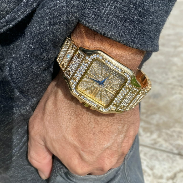 Mens Big Hip Hop Watch Square Face Blue Hands Iced Flooded Out