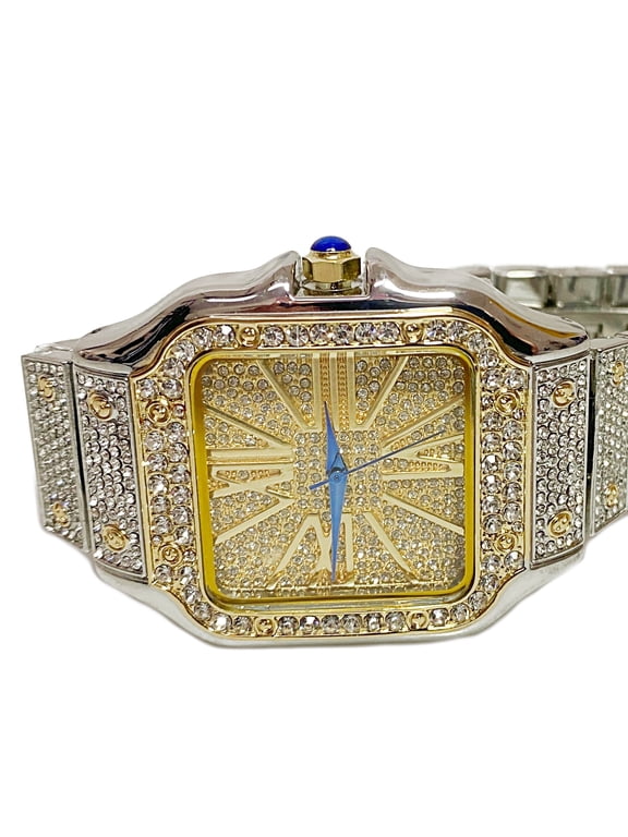 Mens Big Hip Hop Watch Square Face Blue Hands Iced Flooded Out Gold with Silver Two Tone Finish 8" Inch