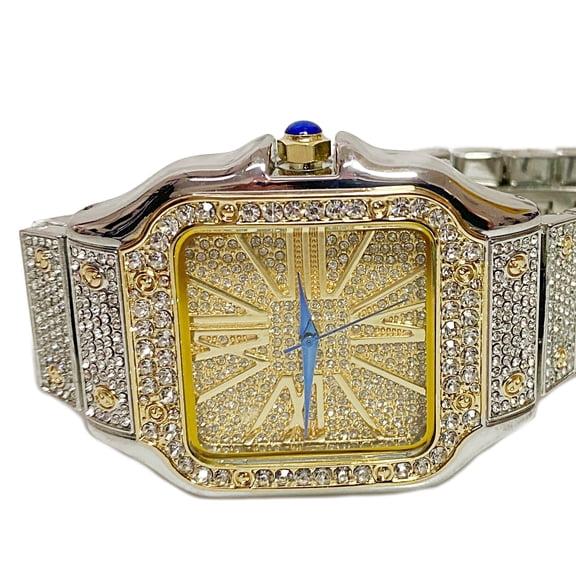 Mens Big Hip Hop Watch Square Face Blue Hands Iced Flooded Out Gold with Silver Two Tone Finish 8" Inch