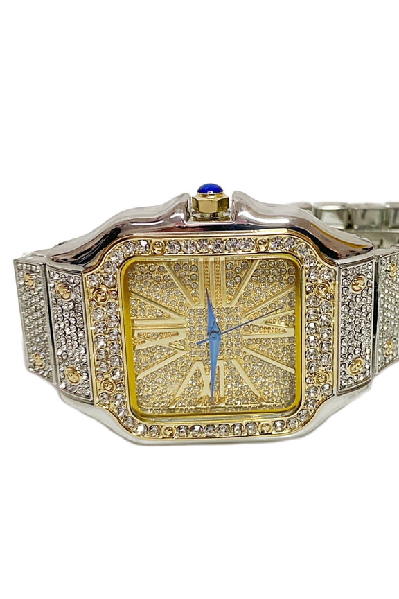 Mens Big Hip Hop Watch Square Face Blue Hands Iced Flooded Out Gold with Silver Two Tone Finish 8" Inch