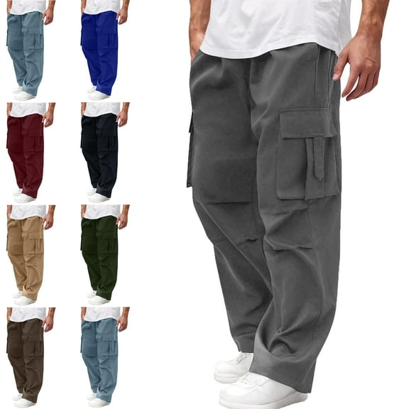 Mens and Big Men's Mens Pants Solid Casual Multiple Zipper Button Pockets Outdoor Straight Type Fitness Pants Cargo Pants Trousers With Stretch Men's Trousers