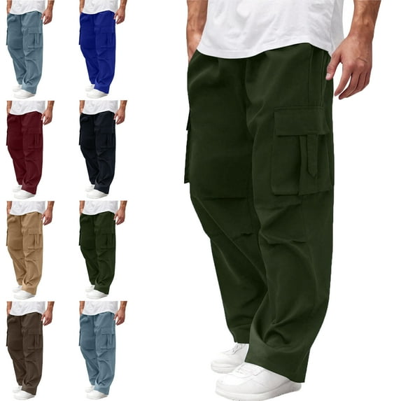 Mens and Big Men's Mens Pants Solid Casual Multiple Zipper Button Pockets Outdoor Straight Type Fitness Pants Cargo Pants Trousers With Stretch Men's Trousers