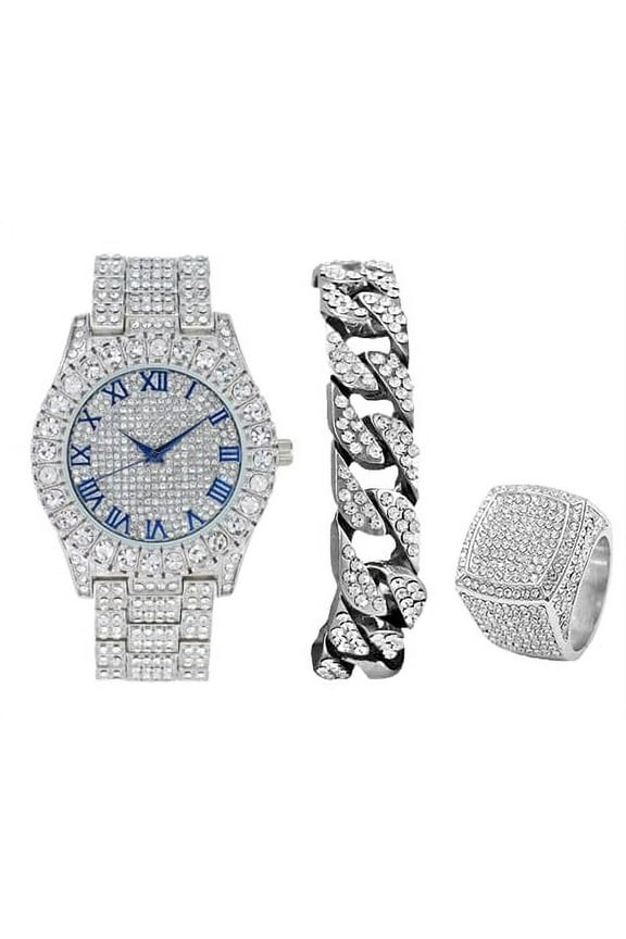 Mens Big Rocks Bezel - Dial with Roman Numerals Fully Iced Out Watch w/Cuban Chain Bracelet & Ring - ST10327-3PC-(10,SLV Blu #R)