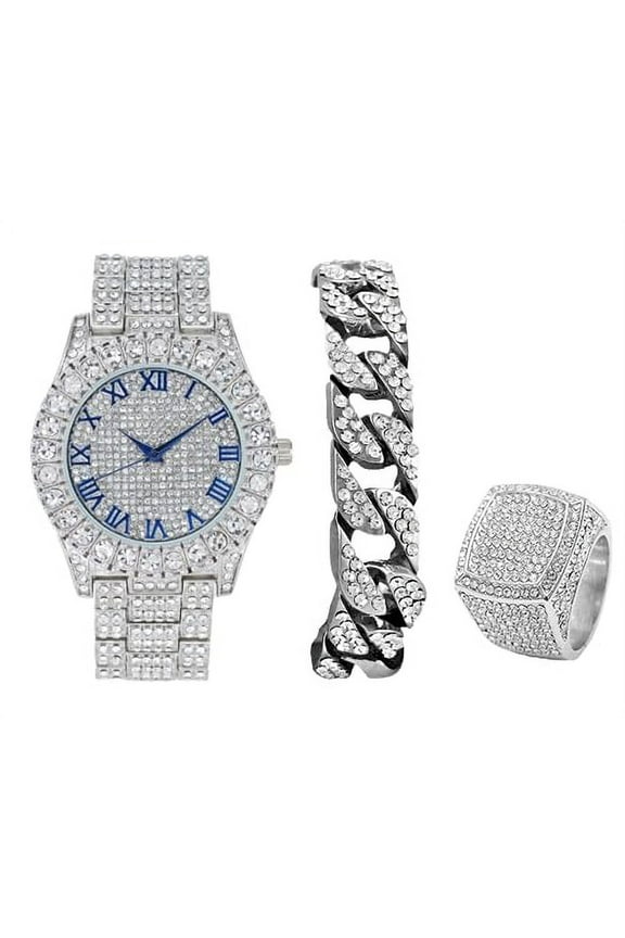 Mens Big Rocks Bezel - Dial with Roman Numerals Fully Iced Out Watch w/Cuban Chain Bracelet & Ring - ST10327-3PC-(8,SLV Blu #R)