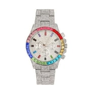 Mens Big Rocks with Rainbow Multicolor Rhinestone Bezel Fully Iced Out Colorful Dial Watch - ST10327 RN Single (ST10401 SLV Rainbow)