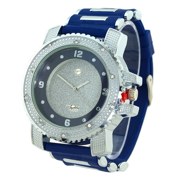 Mens Big Silver-tone Clubbing watch 56mm 17mm thick case. CZ bezel, Silver-tone bling dial, 23mm black sport strap with Silver-tone bullets Fits 7.5-9.5 inches wrist.