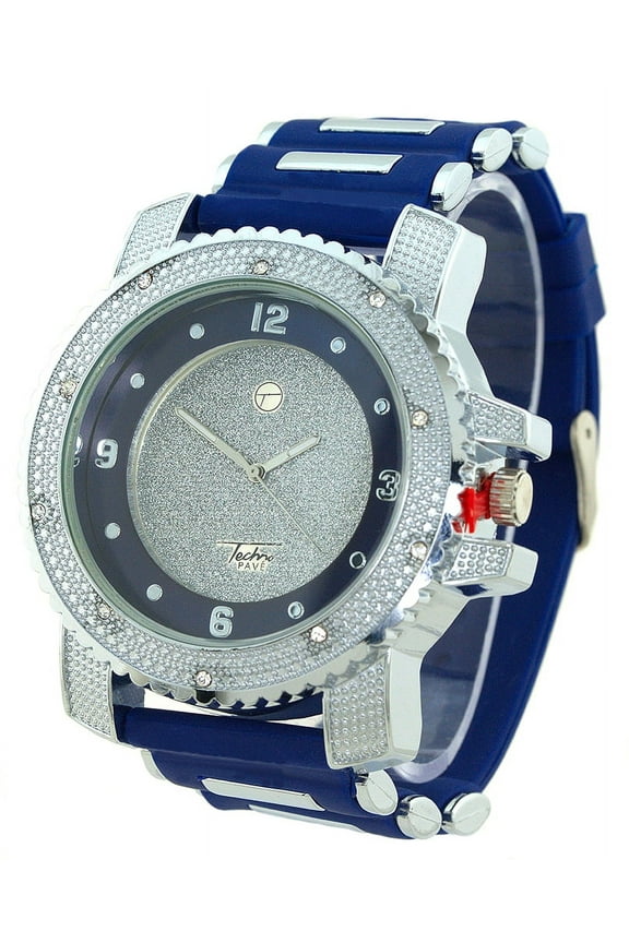 Mens Big Silver-tone Clubbing watch 56mm 17mm thick case. CZ bezel, Silver-tone bling dial, 23mm black sport strap with Silver-tone bullets Fits 7.5-9.5 inches wrist.