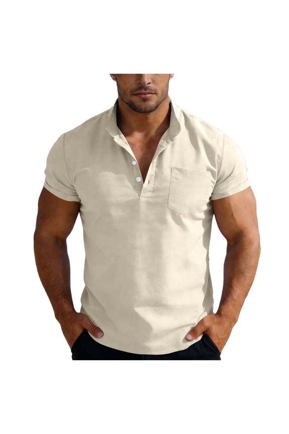 Mens Big & Tall Cotton Linen Henley Shirts Short Sleeve Casual Beach T-Shirts Summer Band Collar Hippie Yoga 3 Button Placket Untucked Tops for Vacation Resort