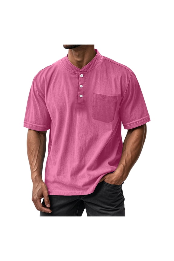 Mens Big & Tall Cotton T-Shirts, Short Sleeve Shirts for Men Summer Vintage Solid Color Button Down V Neck T Shirt Tops with Pockets S-5XL