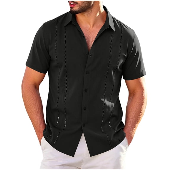 Mens Big & Tall Cuban Guayabera Shirt Casual Button Down Shirts Short Sleeve Summer Beach Shirts Size S-5XL Black