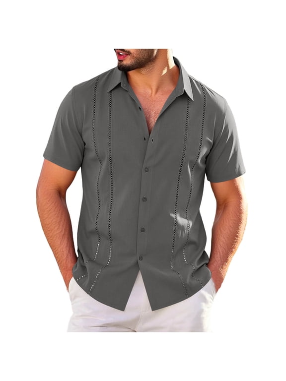 Mens Big & Tall Cuban Guayabera Shirt Casual Button Down Shirts Short Sleeve Summer Beach Shirts Size S-5XL Dark Gray