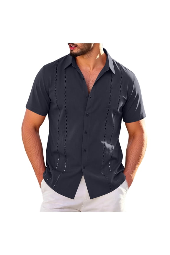 Mens Big & Tall Cuban Guayabera Shirt Casual Button Down Shirts Short Sleeve Summer Beach Shirts Size S-5XL Navy