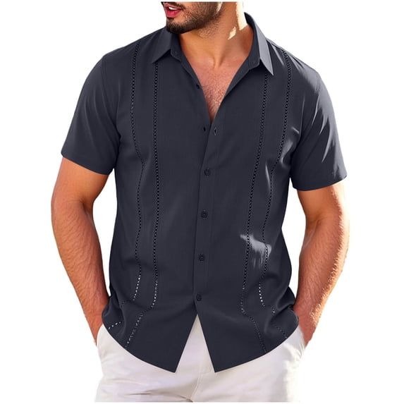 Mens Big & Tall Cuban Guayabera Shirt Casual Button Down Shirts Short Sleeve Summer Beach Shirts Size S-5XL Navy