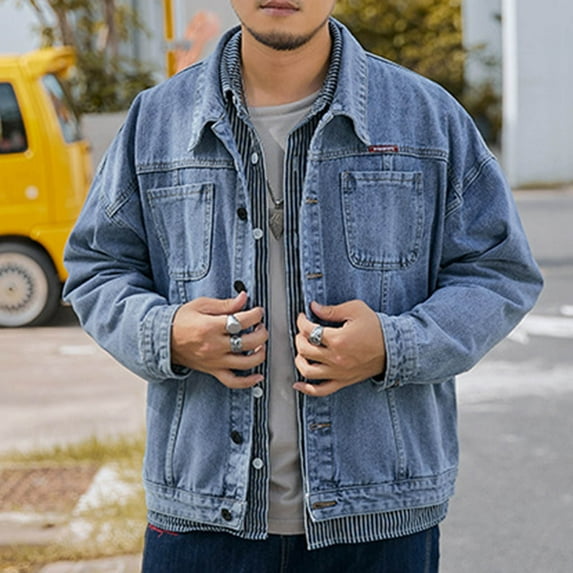 Mens Big & Tall Denim Jackets Plus Size M-5X Button-Down Coats with Pockets and Collared Long Sleeve Streetwear Motorcycle Outerwear Jean Jacket