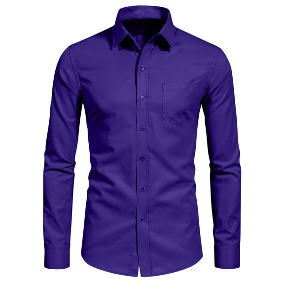 Mens Big and Tall Dressy Blouses, Long Sleeve Shirts for Men Fall Casual Stretch Slimming Fit Solid Color Lapel Button Down T-Shirts with Pockets S-3XL