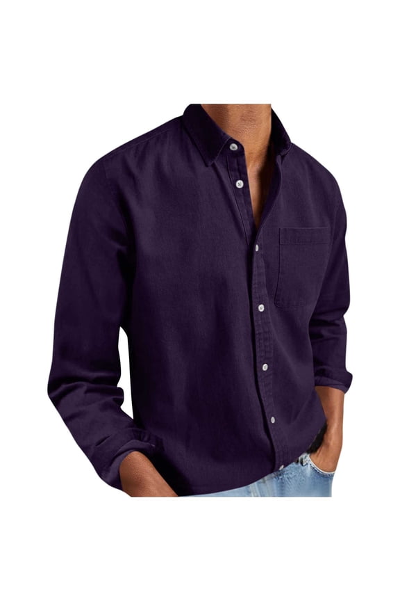 Mens Big and Tall Dressy Blouses, Long Sleeve Shirts for Men Summer Casual Loose Fit Solid Color Lapel Button Down T-Shirts with Pockets Spring Clothes