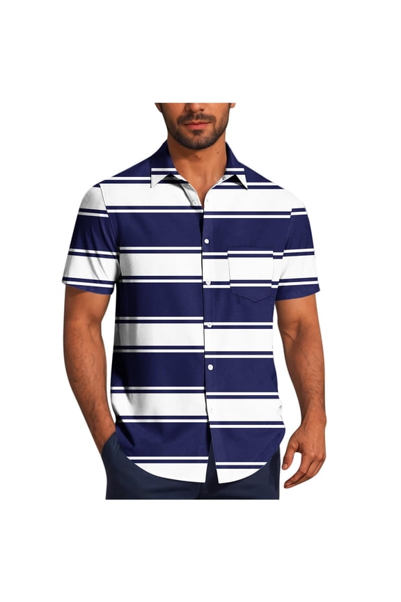 Mens Big & Tall Hawaiian Shirts, Short Sleeve Shirts for Men Summer Fashion Striped Printed Button Down Lapel T-Shirts with Pockets S-5XL