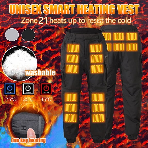 Mens Big & Tall Heated Pants with Pockets Plus Size S-4X Fleece Lined Trousers Tapered Leg Elastic Waist Waterproof USB-Rechargeable Thermal Pant