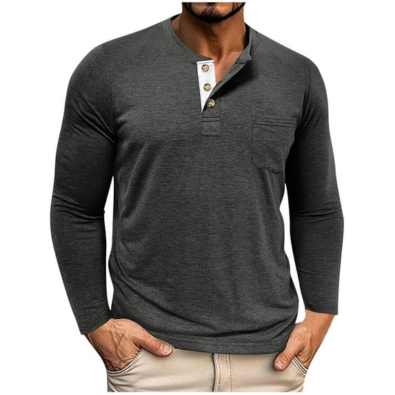 Mens Big & Tall Henley Shirt, Long Sleeve Shirts for Men Fall Fashion Loose Fit Solid Color Button Up T-Shirts M-3XL