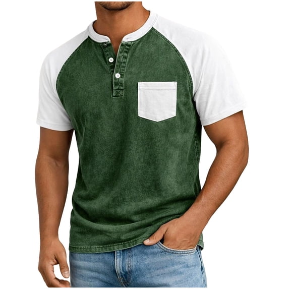 Mens Big & Tall Henley Shirts Cotton Blend Short Sleeve Muscle T-Shirt with 3 Button Placket Chest Pocket Casual Gym Tee Size S-5XL Army Green