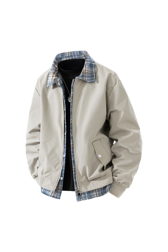 Mens Big & Tall Jackets with Pockets Plus Size M-4X Zip Up Collared Coats Long Sleeve Plaid Printed Fake-Two-Piece Streetwear Work Outerwear Jacket