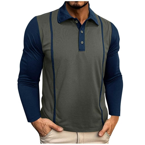 Mens Big & Tall Lapel Shirt, Long Sleeve Shirts for Men Fall Fashion Color Patchwork Button Up Tees T-Shirts M-3XL