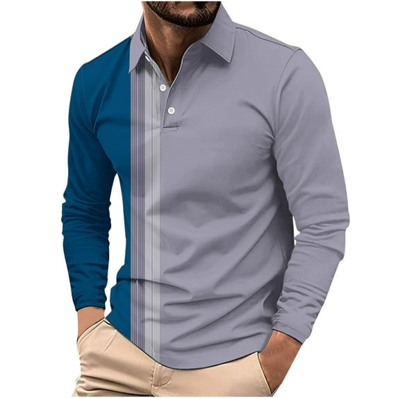 Mens Big & Tall Lapel T-Shirts, Button Up Shirts for Men Business Casual Loose Fit Color Patchwork Long Sleeve T Shirt Tops S-5XL