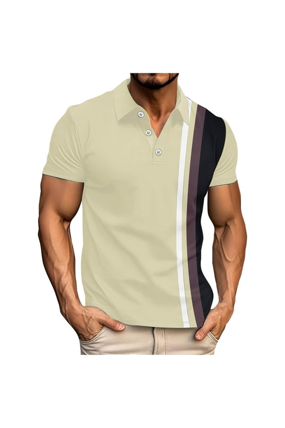 Mens Big & Tall Lapel T-Shirts, Button Up Shirts for Men Summer Fashion Striped Printed Short Sleeve T Shirt Tops S-5XL