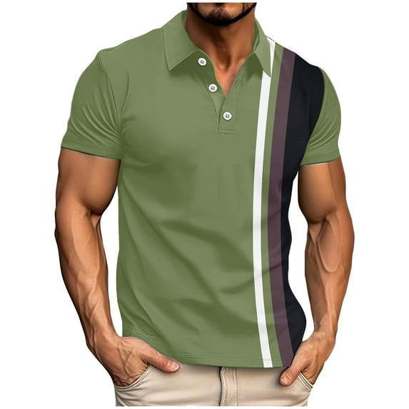 Mens Big & Tall Lapel T-Shirts, Button Up Shirts for Men Summer Fashion Striped Printed Short Sleeve T Shirt Tops S-5XL