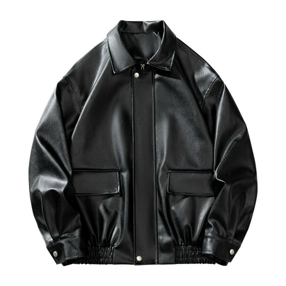 Mens Big & Tall Leather Jackets with Pockets Plus Size M-5X Long Sleeve Coats Trendy Solid Color Zip Up Collared Thermal Vintage Motorcycle Jacket